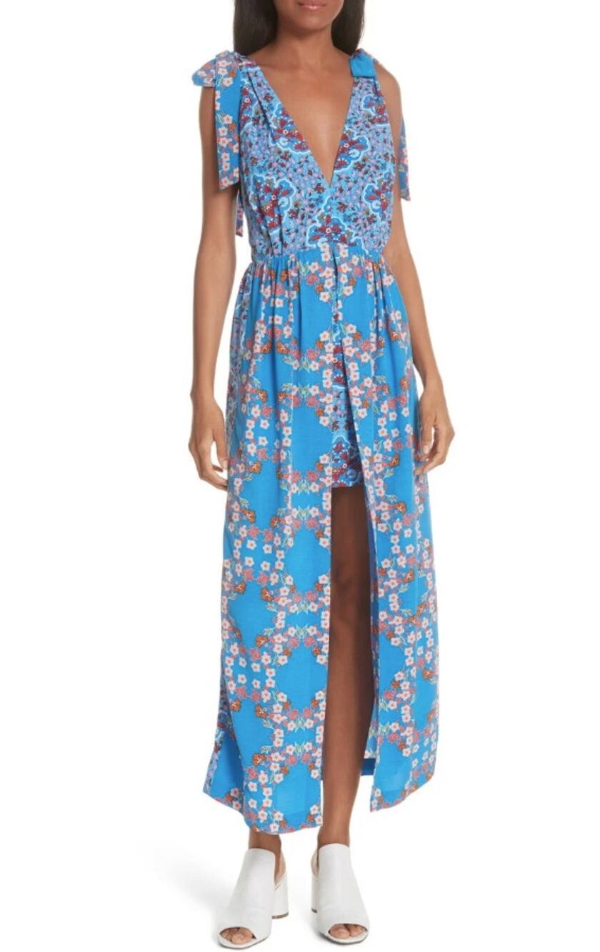 Sandro Blue Floral Tie Plunging Slit Short Long Summer Dress Size 40/Large